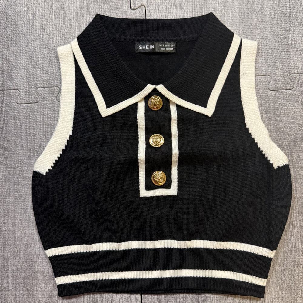 SHEIN Womens Sleeveless Collared Tank Top Sz S Black Faux Button NWOT